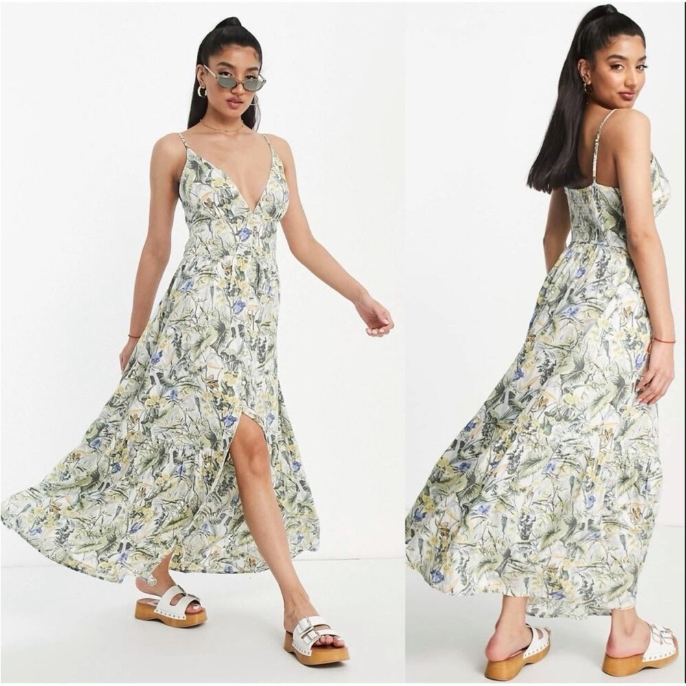 Abercrombie & Fitch plunge maxi Linen Blend dress in tropical print Large